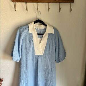 THML Light Blue Puff Sleeve Tunic Top with White Contrast Collar|size small| NWT